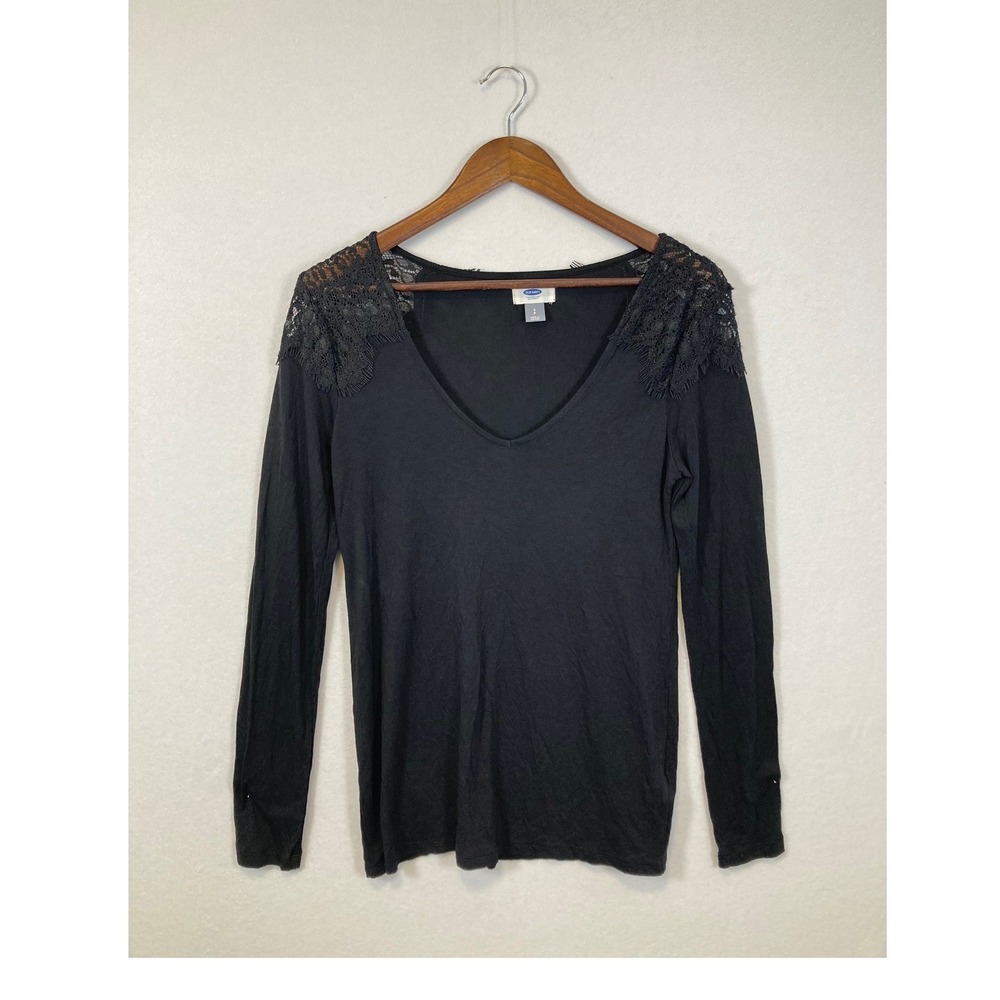 Old Navy Womens Black Lace Shoulder V Neck Long Sleeve‎ Top Size S